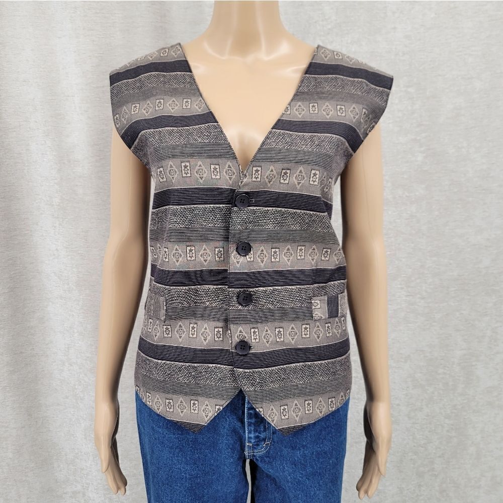 Retro Vintage Black Gray Tribal Western Waistcoat Vest Unisex Size Medium